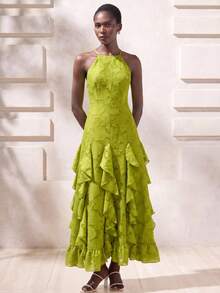 Aveloria Modichic French Elegant Elegant Vacation Date Chiffon Spaghetti Strap Round Neck Cinched Waist Vertical Split Design Patchwork Ruffle Hem Slimming Fitted Sleeveless Long Dress For Women - Green - View 7