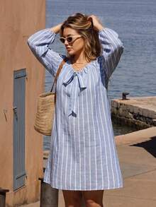 Vivid Eden Plus Size Women's Front Knot Striped Long Sleeve Casual Dress Vacation Hawaii Light Blue Autumn - Blue - View 6