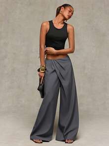 Normani Women's Solid Color Pleated Straight Leg Loose Casual Elegant Long Pants Work Gray Autumn - Grey - View 5