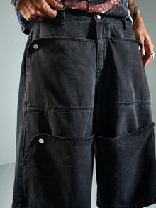 ROMWE MEN Casual 男士多口袋寬腿寬鬆休閒九分牛仔褲 - 黑色 - 查看 2