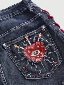 ROMWE Goth Shorts vaqueros mini súper cortos de talla grande con diseño de cordón, bolsillos con patrón bordado de ojo, corazón, estrella, perlas y gemas, estilo gótico oscuro - Azul - Ver 5