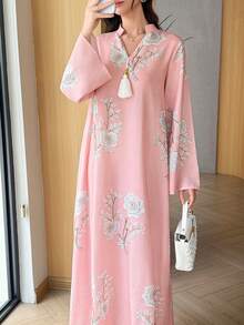 Al Najma Floral Print Decorated Tassel Women's Turkish Kaftan & Arabic Traditional Long Shirt - Pink - View 4