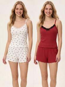SHEIN Set pigiama casual da donna 2 pezzi, top senza maniche e pantaloncini da casa, in maglia a costine tinta unita rosa e bianca con motivo ciliegie, dettagli in pizzo a contrasto, comodo e casual - Multicolore - Visualizzare 1
