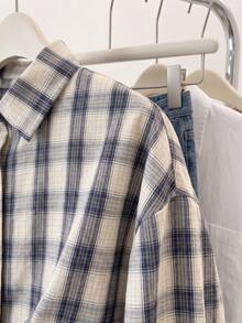 Comfortcana Women's Elegant Retro Vintage 70s Casual Plaid Print Contrast Cuff Button Down Shirt Autumn Layering Top School Teacher Elementary Navy Blue And White - Blue and White - View 4