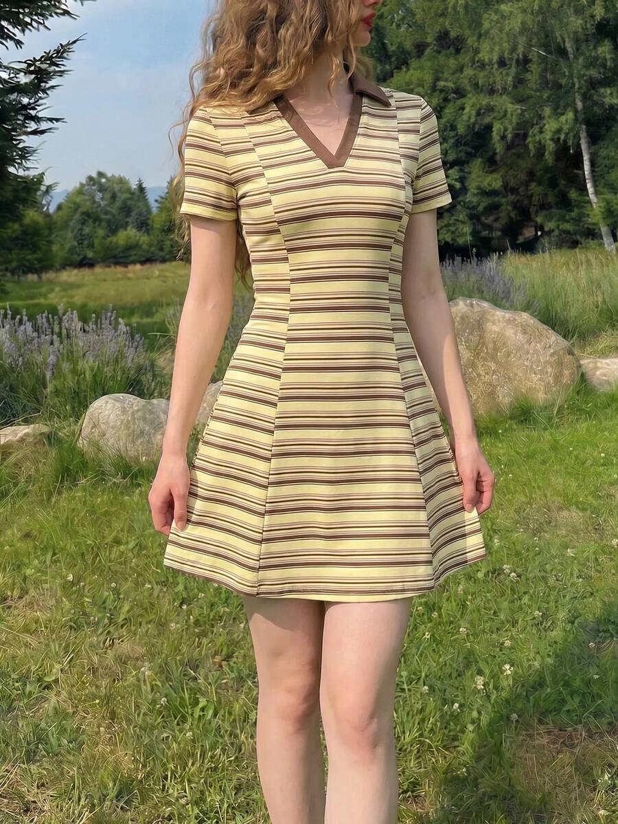 SHEIN MOD 女款條紋拼接休閒約會派對迷你洋裝 - 彩色 - 查看 1
