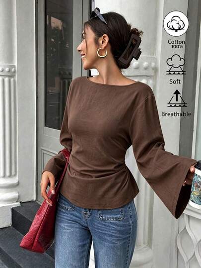 Flora Isola Flora Isola Kadın %100 Pamuk Düz Renk Kayık Yaka İspanyol Kollu Pileli Moda Bluz