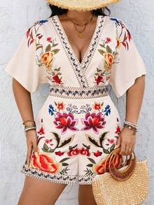 SHEIN Clasi Plus Size Women's Summer Casual Beach Vacation Embroidery Faux Floral Print Short Sleeve V-Neck Cinched Waist Loose Shorts Romper - Apricot - View 5