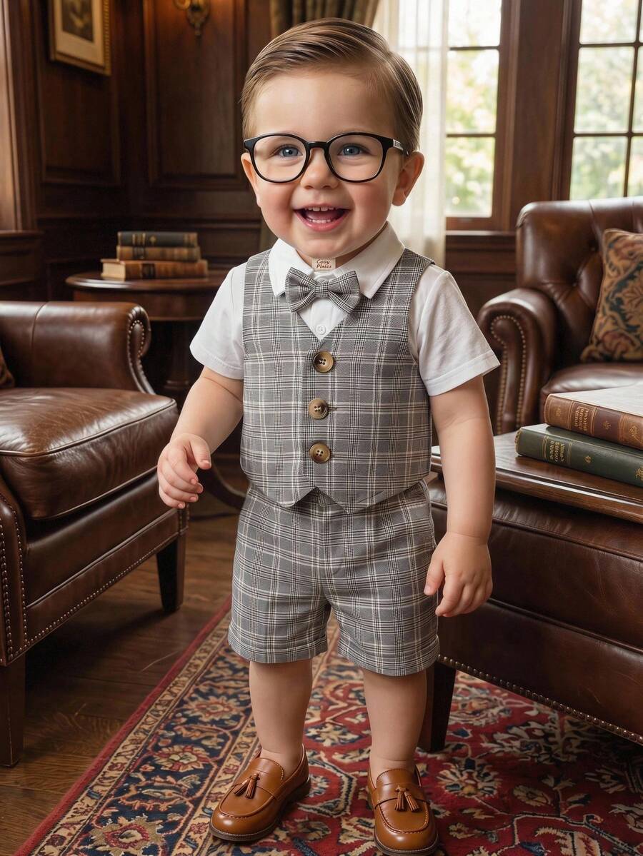 Cozy Pixies Conjunto de 3 piezas de traje para bebé niño y niña, estilo caballero, camisa blanca de manga corta tipo camiseta, chaleco y pantalones cortos, estampado de cuadros grises, adecuado para primavera y verano, estilo británico, para uso en casa y al aire libre, ideal para fiesta de cumpleaños, bautizo, celebración del primer cumpleaños, fiesta de noche, actuación, cena, boda y otras ocasiones - Gris - Ver 1