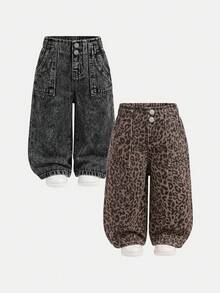 SHEIN 2件組女嬰俏皮可愛柔軟豹紋與黑色丹寧寬鬆鬆垮牛仔褲，秋冬開學季 - 彩色 - 查看 3