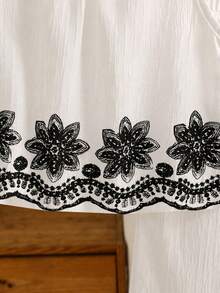 Souflis Souflis 少女夏季黑白簡約優雅風直條紋花卉刺繡無袖上衣與寬腿褲套裝，適合日常外出、休閒旅行、校園穿搭、派對活動、拍照造型 - 黑色 - 查看 6