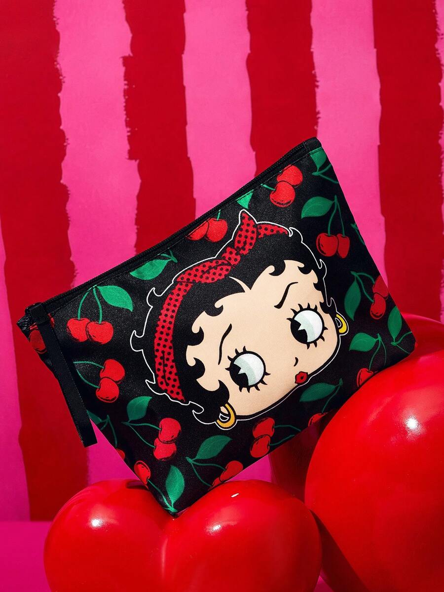 Betty Boop x SHEIN 復古女孩櫻桃印花聚酯纖維拉鍊收納包,輕量化化妝包,便攜多用途旅行與日常收納袋 - 紅綠色 - 查看 1