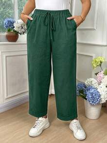 EMERY ROSE Plus Size Women's Casual Solid Color Cotton Folded Long Pants Fall - Dark Green - View 7