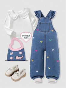 SHEIN ChillGRL Salopette en jean bleu moyen mignonne et décontractée pour filles, toutes saisons, avec broderie de cœurs colorés, bretelles à volants, pantalon long ample à jambes larges, tissu en pur coton confortable, polyvalente pour le port quotidien, l'école et les fêtes - Jean clair - Voir 3