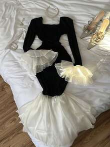INAWLY Women's Elegant Party Color Block Mermaid Dress - Black - View 1