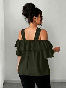 Elenzga Elegant Off-Shoulder Metal Decor Ring Ruffle Trim Square Neck Plus Size Blouse - Army Green - View 2