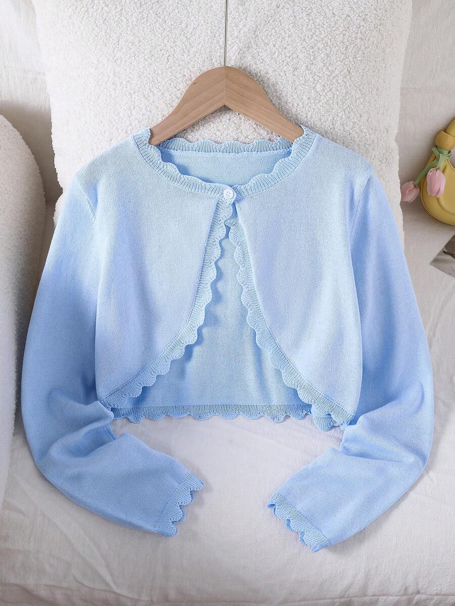 SHEIN Elladie kids 女童荷葉邊飾開襟針織披肩外套,簡約可愛時尚百搭,天藍色,秋季畢業季外穿 - 藍色 - 查看 1
