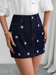 Selianne Falda vaquera bordada elegante y holgada para mujer, estilo casual para ir al trabajo - Negro - Ver 3