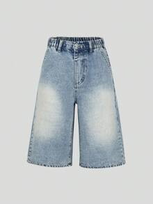 SHEIN Explorewe 女款牛仔短褲，秋季新品，休閒街頭風學院復古做舊藍灰色，彈性腰頭鈕扣門襟設計，寬鬆大腿褲管 - 中等水洗藍 - 查看 8