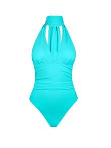 Swim Oasis Women's Oasis One-Piece Turquoise Blue Swimsuit Set, Elegant Breezy Sexy High-End Vacation Evening Style, Multi-Ruffle Halter Neck Strap Beach Summer - Mint Blue - View 5