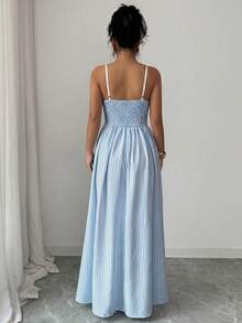 Elenzga Blue And White Stripe Pattern Spaghetti Strap V-Neck Waist Lace Decoration Dress Vacation Summer Tropical - Blue - View 2