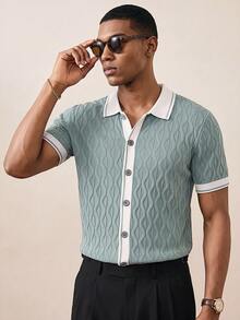 Manfinity Homme Men's Contrast Trim Button Front Knit Polo Shirt,Short Sleeve Knitted Sweater Shirt,Mint Green Dusty Blue Summer Casual Vacation Holiday Outfit - Multicolor - View 1