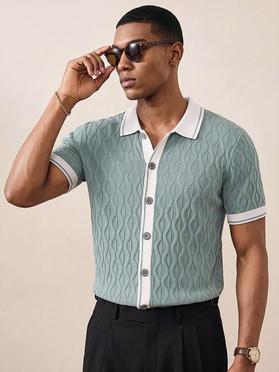 Manfinity Homme Men's Contrast Trim Button Front Knit Polo Shirt,Short Sleeve Knitted Sweater Shirt,Mint Green Dusty Blue Summer Casual Vacation Holiday Outfit - Multicolor - View 1