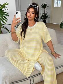 SHEIN EZwear 黃色與白色條紋上衣長褲休閒正裝商務休閒端莊大尺碼女裝套裝，適合度假、辦公室、早午餐、半正式場合，夏季穿著 - 薑色 - 查看 3
