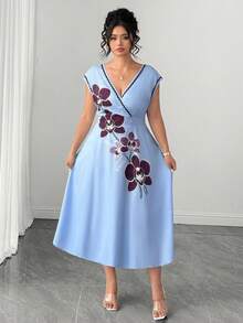 SHEIN Clasi Women's Plus Size Light Blue 3D Floral Pearl Print Woven Fabric Cross V-Neck Short Sleeve Cinched Waist A-Line Midi Dress, Elegant Casual Summer - Multicolor - View 7