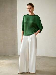 MOTF PREMIUM WOMEN'S SOLID FOLD PLEATED SLEEVE ROUND NECK BLOUSE - Dark Green - View 5