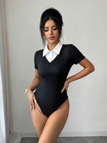 Selianne 女款拼色拼接襯衫領短袖修身連身衣 - 黑色 - 查看 7