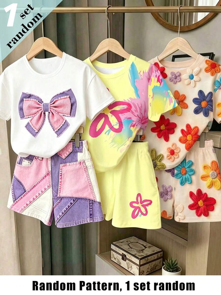 (Patrón aleatorio, 1 set aleatorio) Camiseta corta básica y shorts para niñas con patrón floral colorido, base beige y patchwork de lazos en morado y rosa