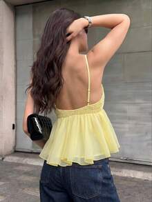 Firerie Camiseta de tirantes con volantes y lazo delantero de unicolor para mujer - Amarillo - Ver 2
