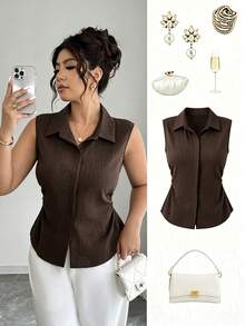 SHEIN LUNE CURVE Women's Plus Size Summer 1pc Lapel Sleeveless Cinched Waist Asymmetrical Hem Slimming Commute Elegant Denim Effect Sleeveless Shirt - Brown - View 4