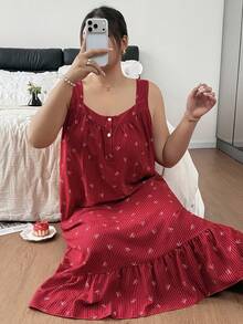 Napfluff CURVE Napfluff CURVE Dream Adore Striped Bow Sleeveless Cute Plus Size Women's Nightgown - Red - View 5