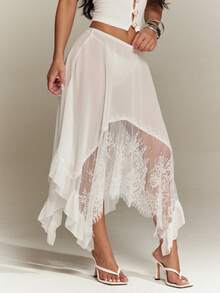 Denimoi Falda Semitransparente Fluida con Dobladillo Asimétrico y Ribete de Encaje Sexy Faldas Euro Verano Vacaciones GNO - Blanco - Ver 6