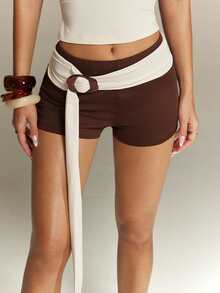 Denimoi Belted Mini Sexy Shorts Euro Summer Vacation Ibiza Fashion Shorts Color Block Two Tone Shorts - Brown - View 6