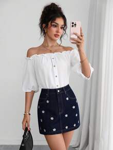 Selianne Falda vaquera bordada elegante y holgada para mujer, estilo casual para ir al trabajo - Negro - Ver 4