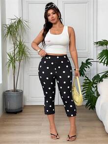 SHEIN EZwear 波點大尺碼女款法式風格彈性開衩七分褲 - 黑與白 - 查看 3