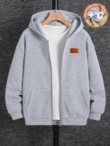 SHEIN 青少年男孩極簡街頭風字母印花運動衫，休閒舒適百搭，柔軟面料，適合日常穿著、上學、外出與戶外活動，四季皆宜，黑色拉鍊運動衫，灰色拉鍊運動衫，秋季與冬季兒童拉鍊運動衫 - 灰色 - 查看 2