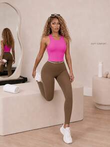 BamGleam Women's Summer Solid Color Round Neck Casual Sports Tank Top Fitted Shirtworkout Tank Top - Hot Pink - View 3