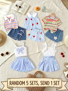 SHEIN Elladie kids 2pcs/Set Girls Cute Strawberry Print Summer Matching Outfit,Peter Pan Collar Sleeveless Tee & Pleated Shorts,Family Vacation Korean Style Clothes - Blue - View 3