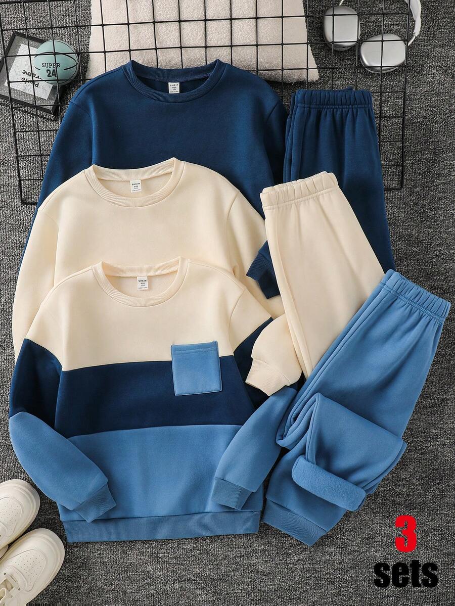 SHEIN 6件組買3送3兒童青少年男孩休閒軟舒適套頭圓領衛衣與運動長褲套裝，藍色衛衣套裝、卡其色衛衣套裝，適合秋冬、學校、家庭聚會、返校、運動、玩耍、生日派對、拍照、度假、節日 - 彩色 - 查看 1