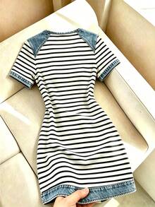 Franclia Denim Effect Patchwork Black & White Striped Dress For Women Summer New Dress Non-Denim Effect Digital Print Striped Dress Niche Design Short Sleeve Dress - Multicolor - View 2