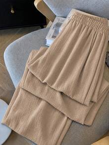 Breezaya Plus Size Women's Long Elastic Waist Casual Loose Solid Color Pants Suitable For Daily Commute Wear Suitable For Spring And Summer Versatile Pants - Khaki - View 1