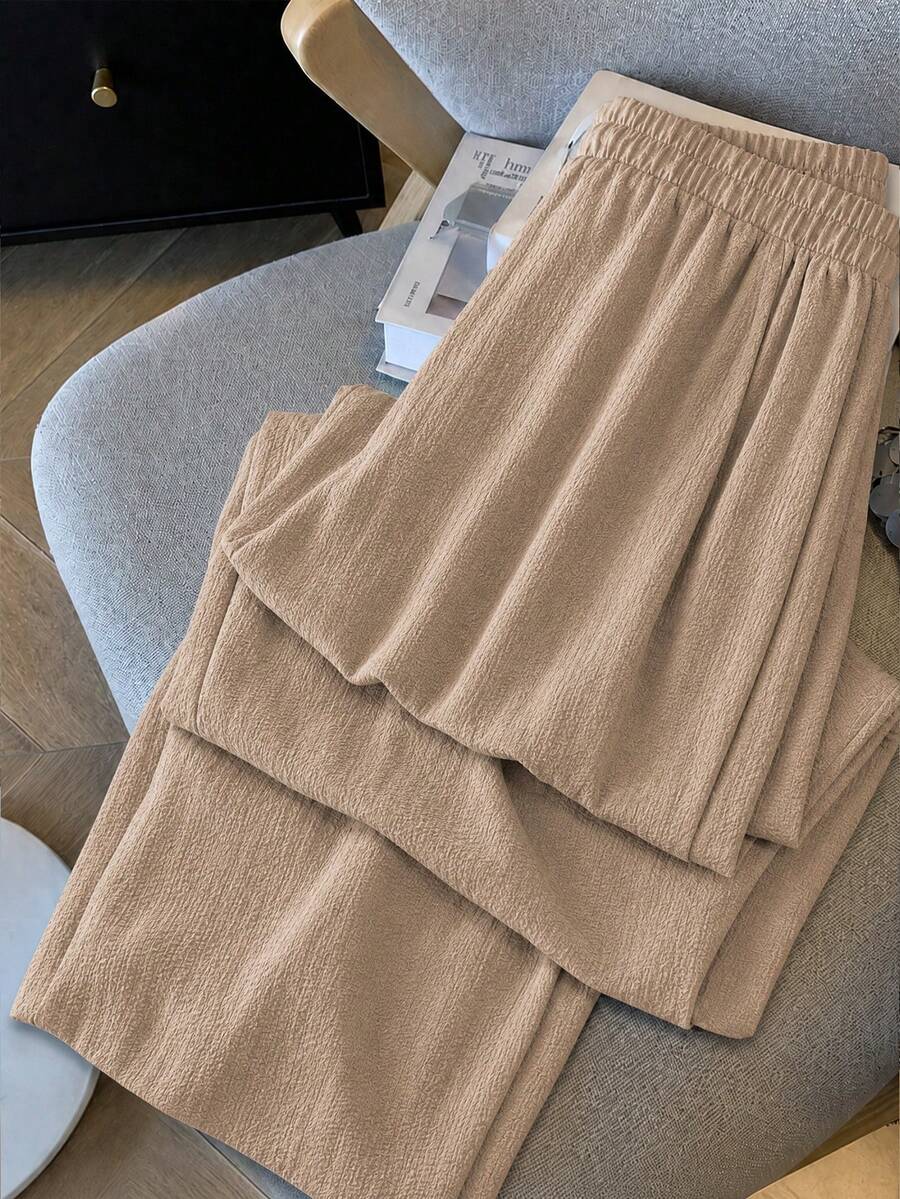 Breezaya Plus Size Women's Long Elastic Waist Casual Loose Solid Color Pants Suitable For Daily Commute Wear Suitable For Spring And Summer Versatile Pants - Khaki - View 1