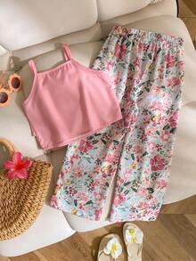 SHEIN 2件組 YOUNG 女孩粉色層次感吊帶上衣與碎花圖案寬鬆長褲，Vacayvibe 童裝 7歲生日夏季嬰童套裝 - 淡紫色 - 查看 2