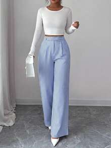 SHEIN Clasi Women's Plus Size Spring/Summer Single Style High Waist Button Front Pleated Vertical Striped Wide Leg Draped Commute Casual Pants Fall - Blue and White - View 5