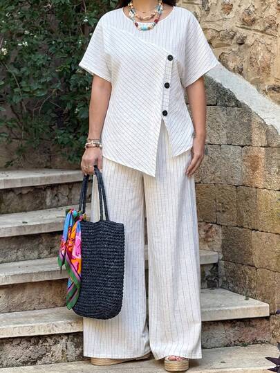 Weeklong Women's Plus Size Spring/Summer Casual Vacation Round Neck Dolman Sleeve Asymmetrical Hem Button Contrast Color Loose Striped 2-Piece Set