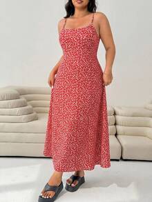 SHEIN EZwear Plus Size Women's Brown Ditsy Floral Cami Dress Gym - Red - View 3