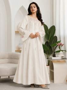 Al Najma Women's Elegant Embroidered Long Robe For Ramadan - Ivory White - View 7